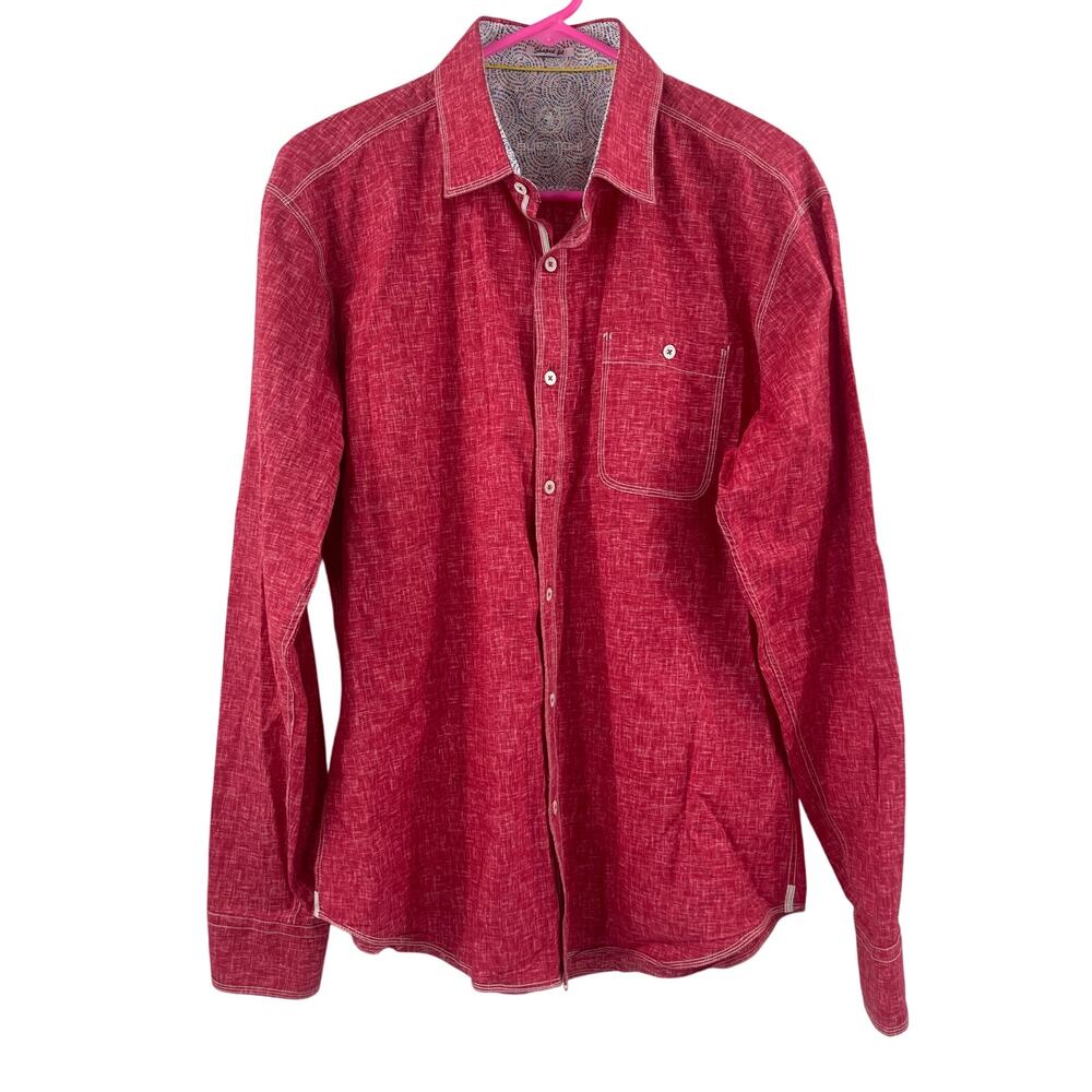 BUGATCHI Button Down Shirt Large Red/Pink Business Office Work Career Cotton
